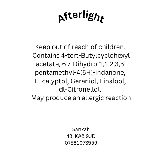 CLP safety information label for Afterlight wax melt including allergen disclosure and UK safety compliance details