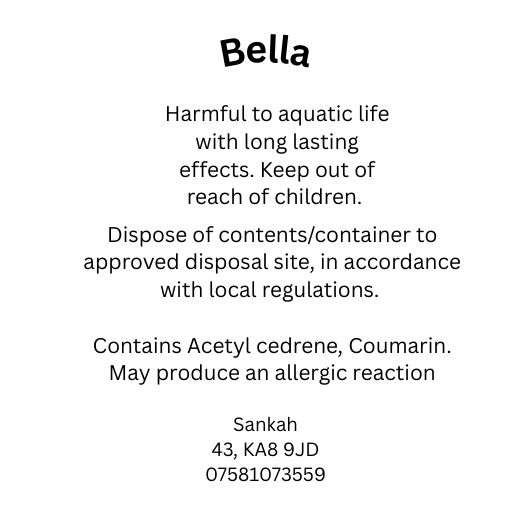 CLP safety information label for Bella wax melt including allergen disclosure and UK safety compliance details