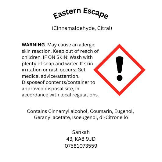 CLP safety information label for Eastern Escape wax melt including hazard symbol, allergen disclosure and UK safety compliance details