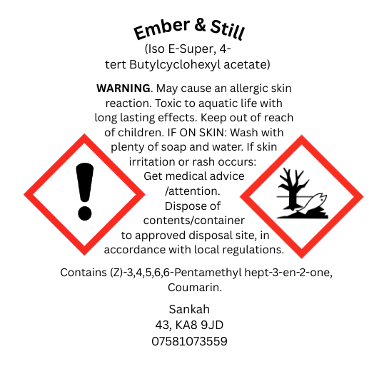 CLP safety information label for Ember & Sill wax melt pod including hazard symbols, allergen disclosure and UK safety compliance details. 
