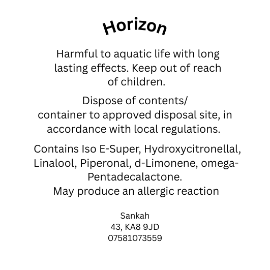 CLP safety information label for Horizon wax melt including allergen disclosure and UK safety compliance details