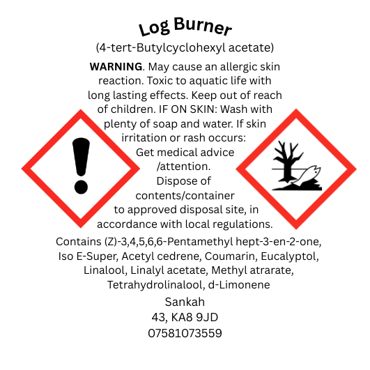 CLP safety information label for Log Burner wax melt including hazard symbols, allergen disclosure and UK safety compliance details