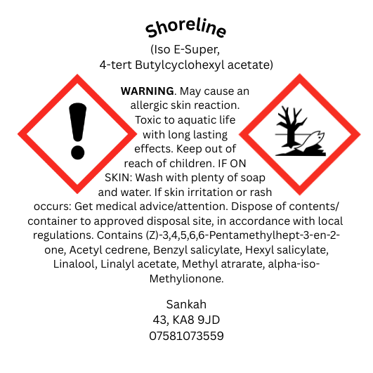 CLP safety information label for Shoreline wax melt including hazard symbol, allergen disclosure and UK safety compliance details