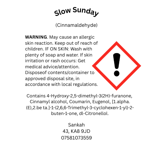 CLP safety information label for Slow Sunday wax melt including hazard symbol, allergen disclosure and UK safety compliance details