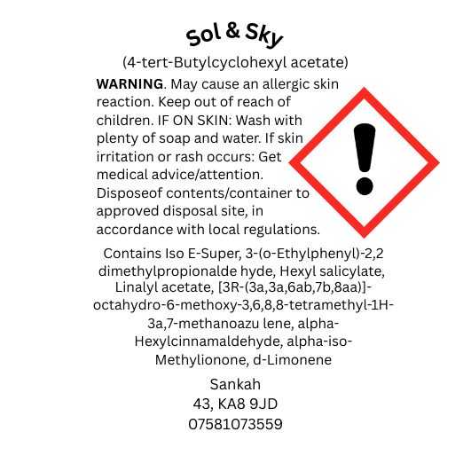 CLP safety information label for Sol & Sky wax melt including hazard symbol, allergen disclosure and UK safety compliance details