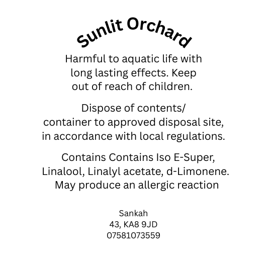 CLP safety information label for Sunlit Orchard wax melt melt including allergen disclosure and UK safety compliance details