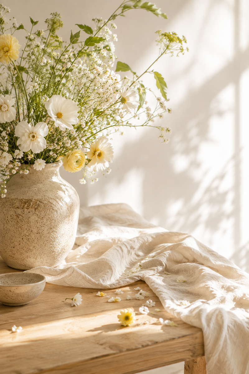 A rustic ceramic vase filled with a bouquet of white and pale yellow wildflowers, placed on a wooden table draped with cream-colored fabric in a softly lit room.