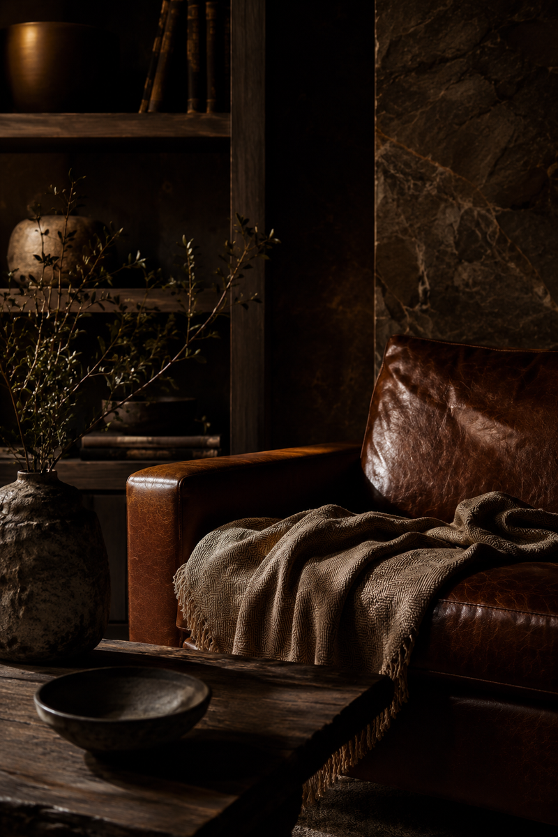 A rustic brown leather armchair in a dimly lit room, draped with a beige fringed throw blanket. A dark wooden table with a bowl sits in the foreground, and a dark wood shelving unit with decorative ceramic vessels is visible in the background.