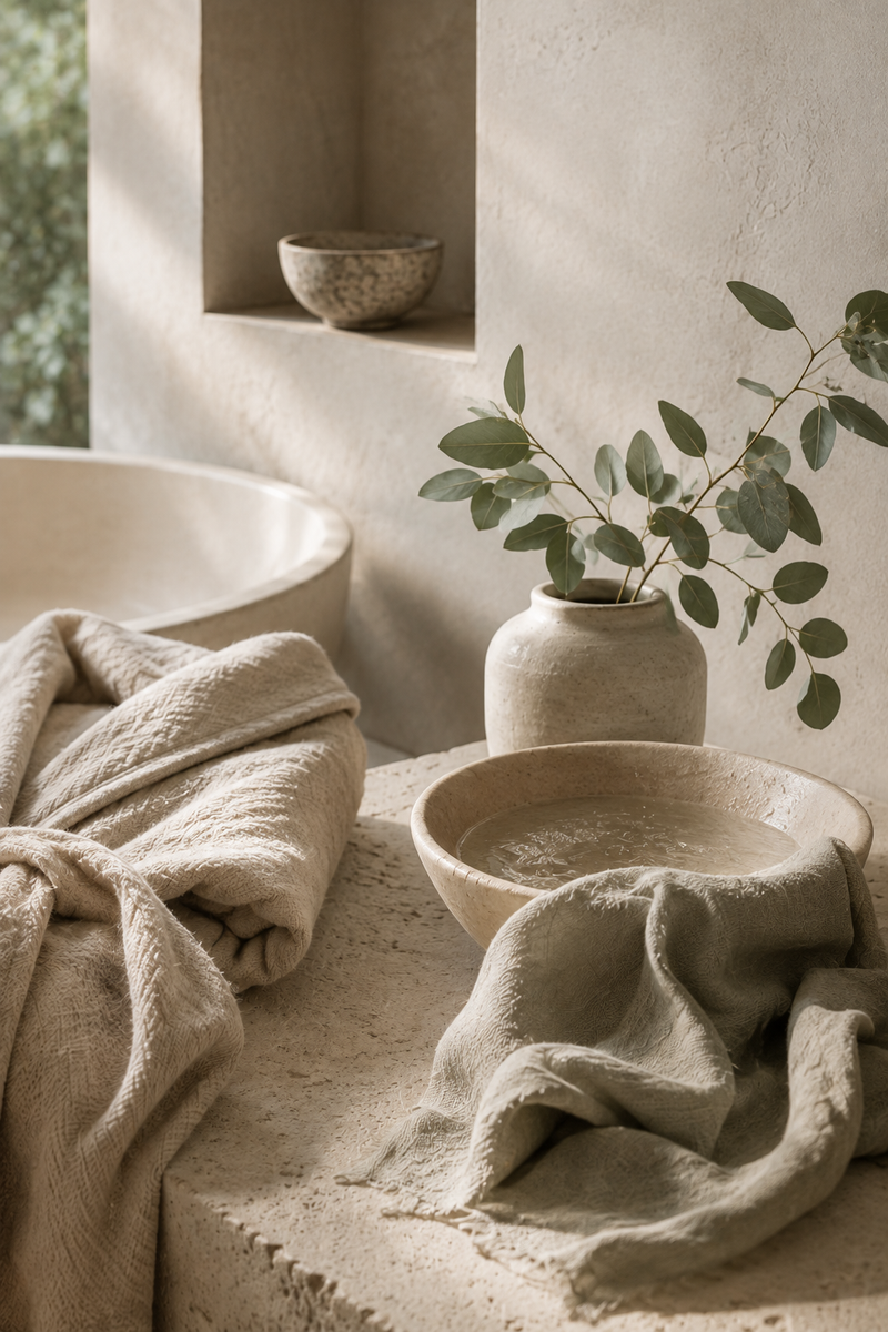 A styled bathroom scene with neutral-toned textiles and ceramics: a folded beige towel draped over a stone surface, a small ceramic bowl, a textured vase with green leaves, and a white tub in the background.