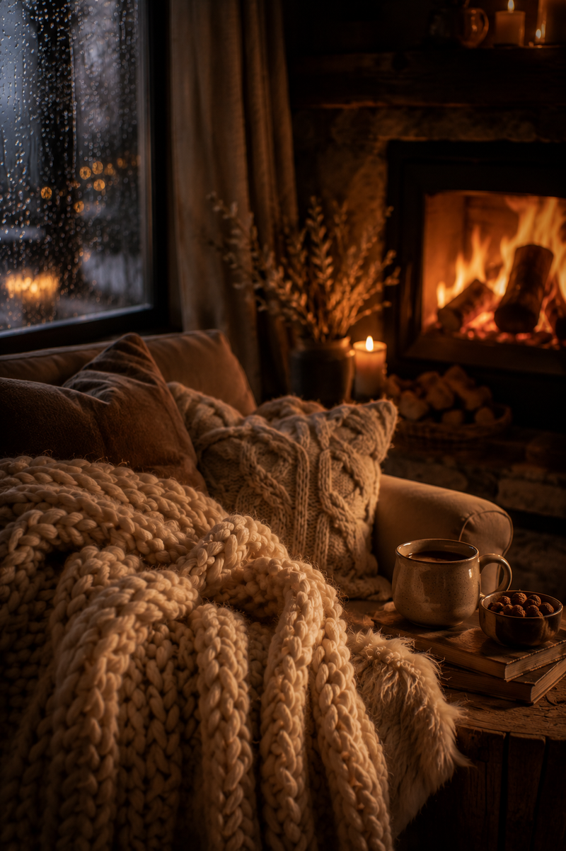 A cozy living room scene with a chunky knit beige throw blanket draped over a sofa, a matching knit pillow, a mug on a wooden table, and a warm fireplace in the background with raindrops on the window.